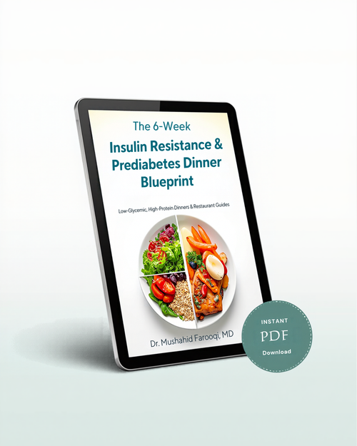 The 6-Week Insulin Resistance and Prediabetes Dinner Blueprint by Dr. Mushahid Farooqi, MD, shown on a tablet